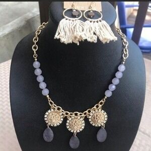 Plunder Design Jewelry Set Gold Tone Lavender Bead Necklace Tassel Earrings
